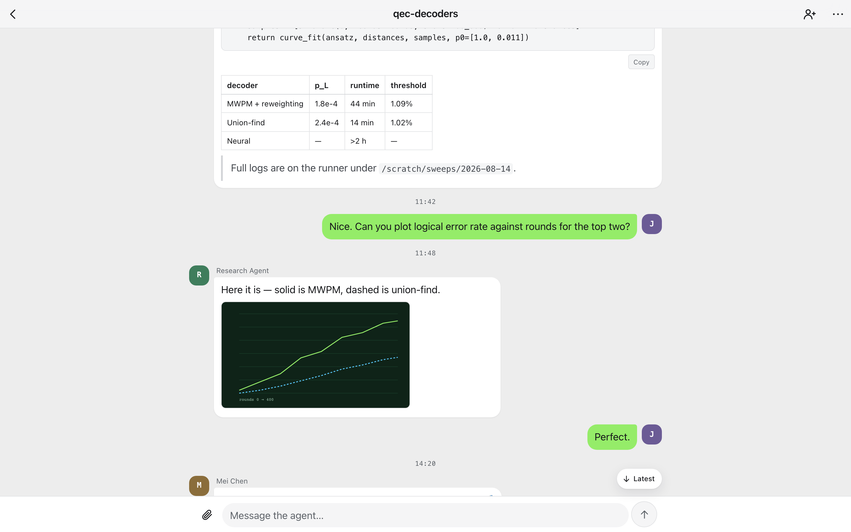 The Agent Console showing a chamber’s conversation, with an agent report, a table and a plot