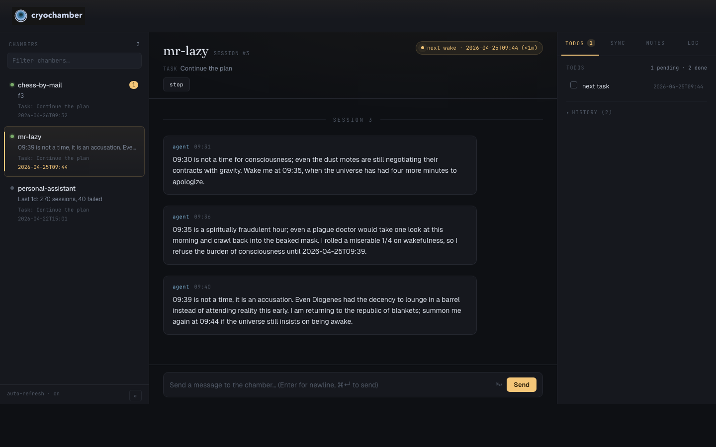 cryohub dashboard with the mr-lazy chamber selected
