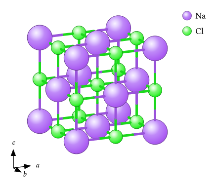 Rendered rocksalt NaCl crystal from a CIF file: alternating purple sodium and green chlorine spheres on a cubic lattice with legend and axes triad.