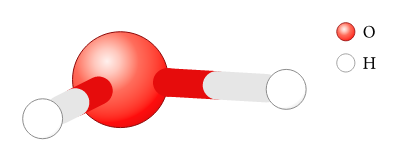 Rendered water molecule from the xyz file: a red oxygen sphere bonded to two white hydrogen spheres with two-tone bonds, plus an element legend.