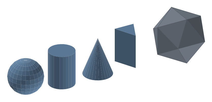Row of parametric solids in slate blue: a UV sphere, cylinder, cone, triangular prism, and a convex-hull icosahedron.